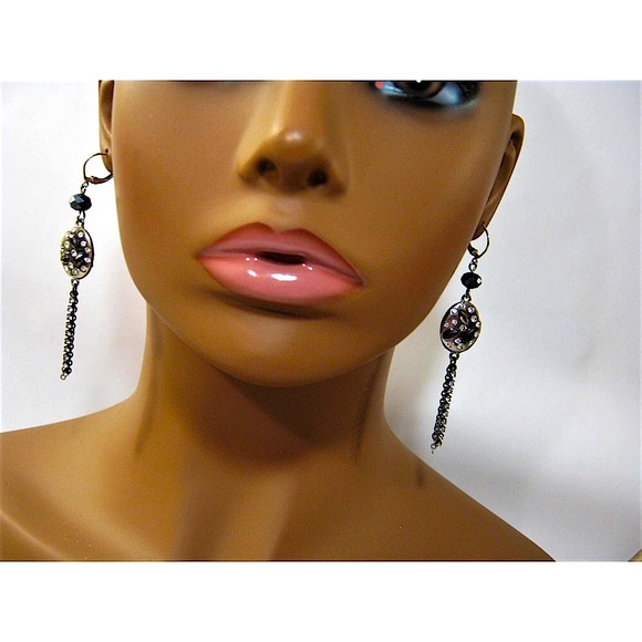 Silver Black Vintage Rhinestone Crystal Long Chain Drop Dangle Earrings 3 inch - Picture 7 of 7